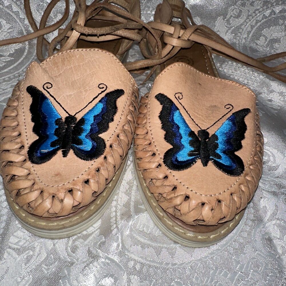 Alex Mexican Huarache Sandals Tan Leather Blue Butterfly Womens 8